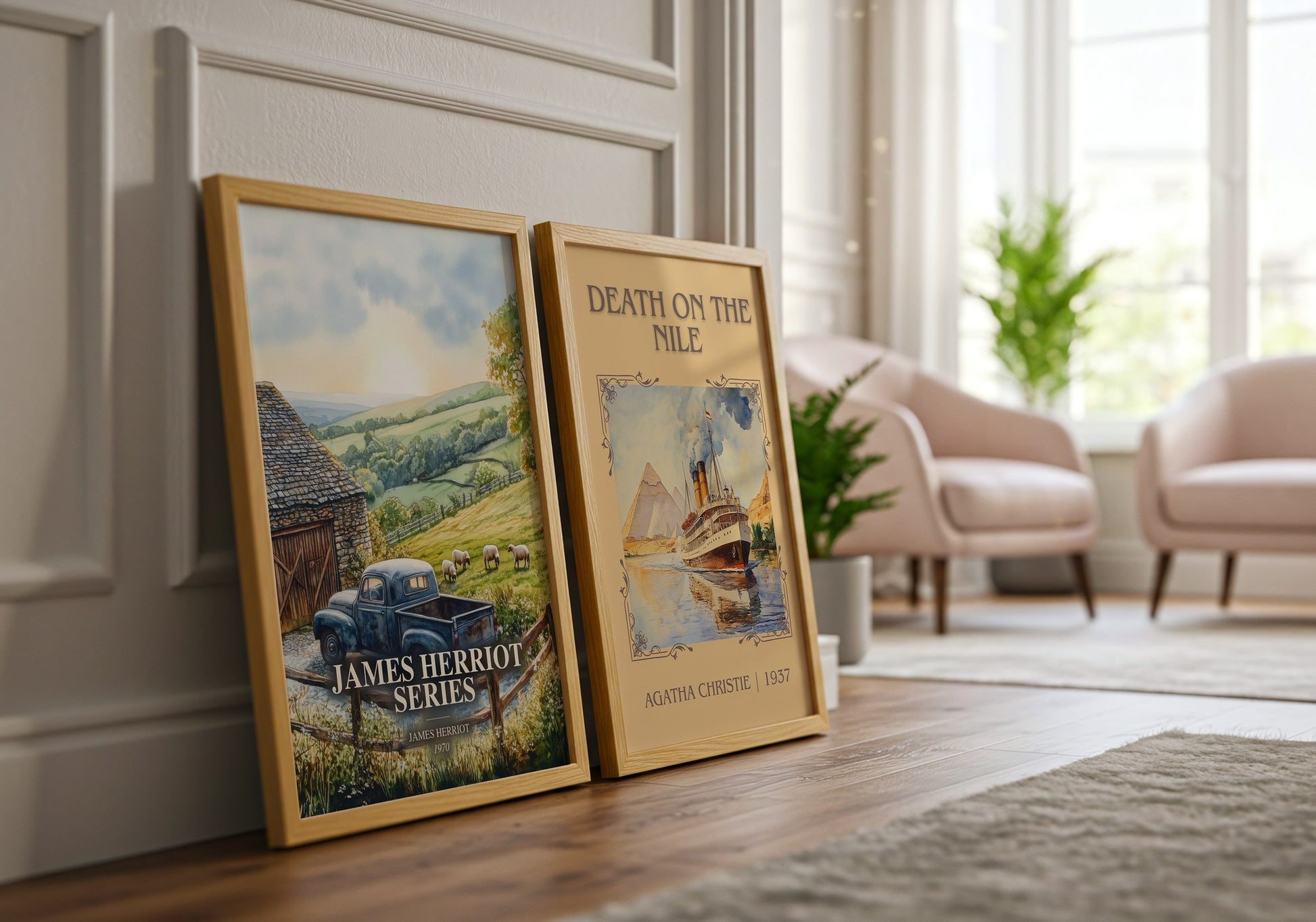 James Herriot Series watercolour print framed by window – literary home decor