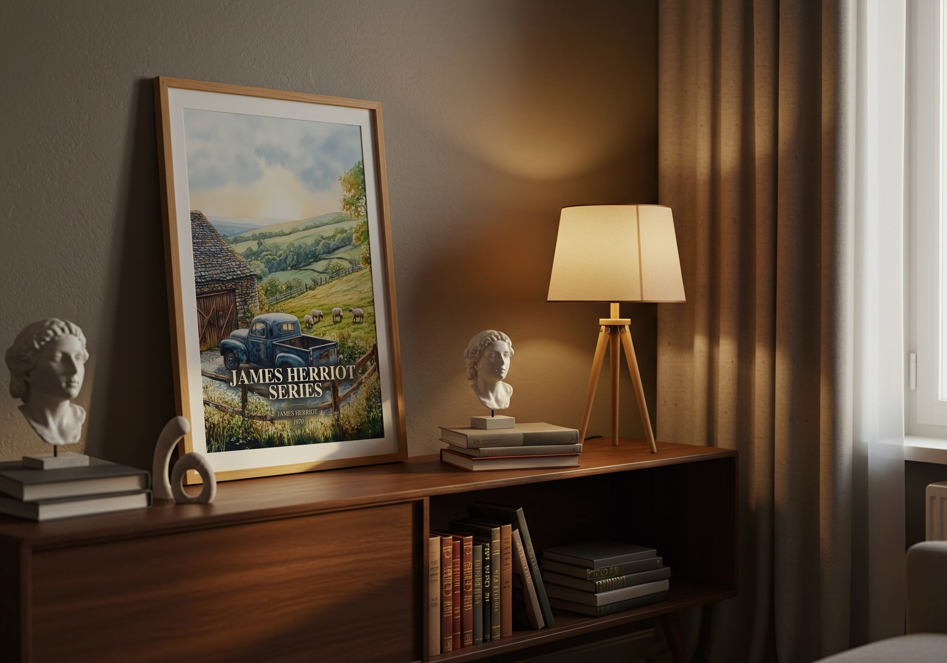 James Herriot Series watercolour print on bookshelf – James Herriot fan gift