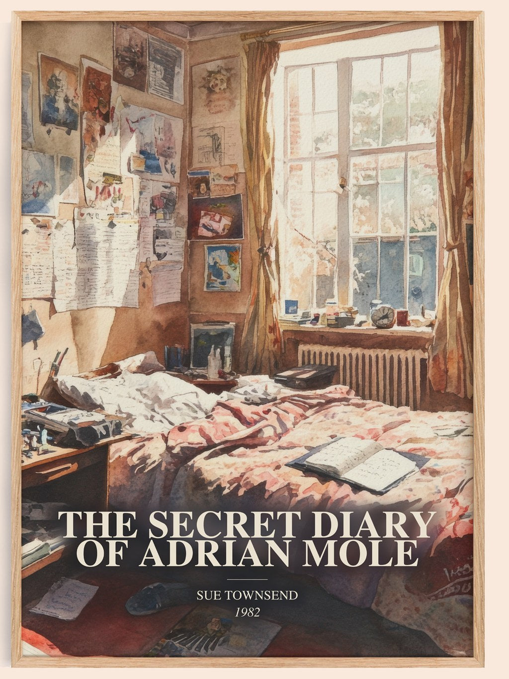 The Secret Diary Of Adrian Mole watercolour book poster by Sue Townsend – framed literary art print