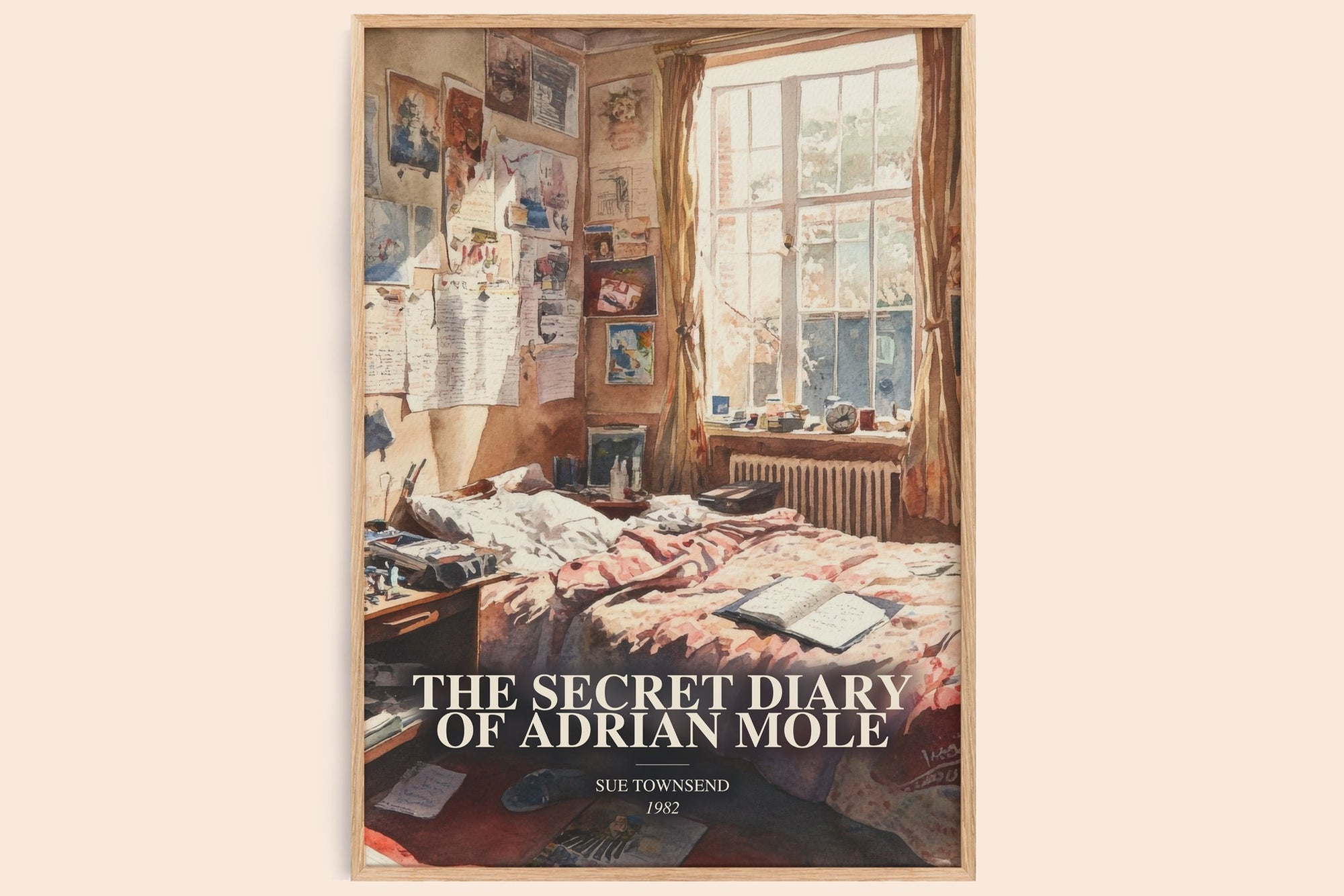 The Secret Diary Of Adrian Mole watercolour book poster by Sue Townsend – framed literary art print