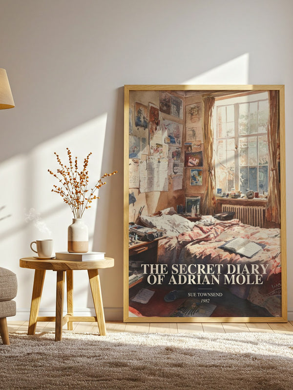 The Secret Diary Of Adrian Mole watercolour print in frame leaning in hallway – young adult wall art
