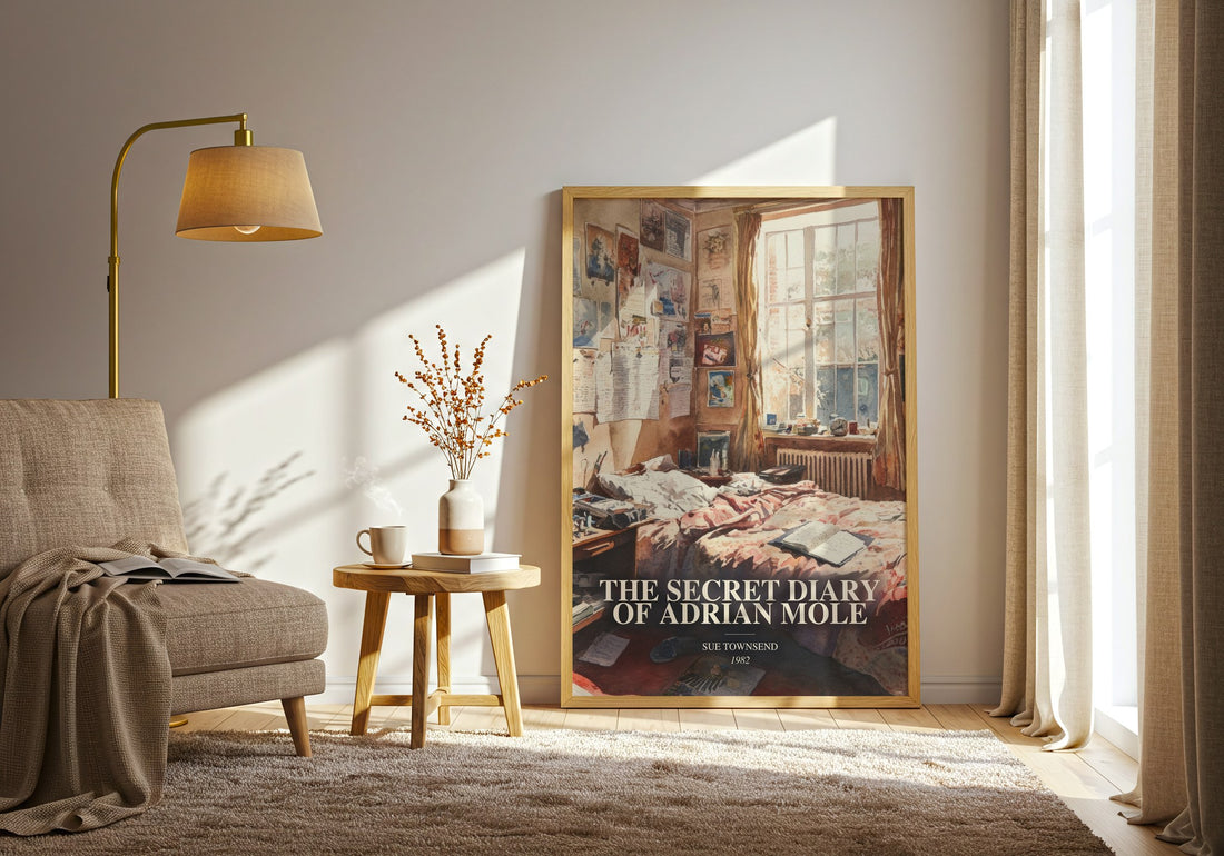 The Secret Diary Of Adrian Mole watercolour print in frame leaning in hallway – young adult wall art (mockup)