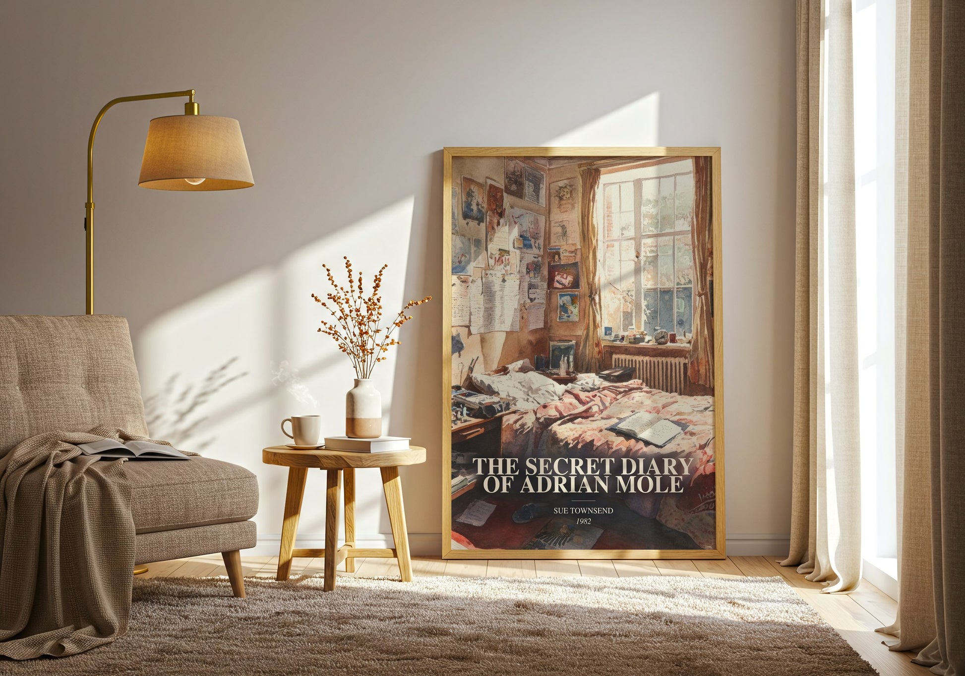 The Secret Diary Of Adrian Mole watercolour print in frame leaning in hallway – young adult wall art