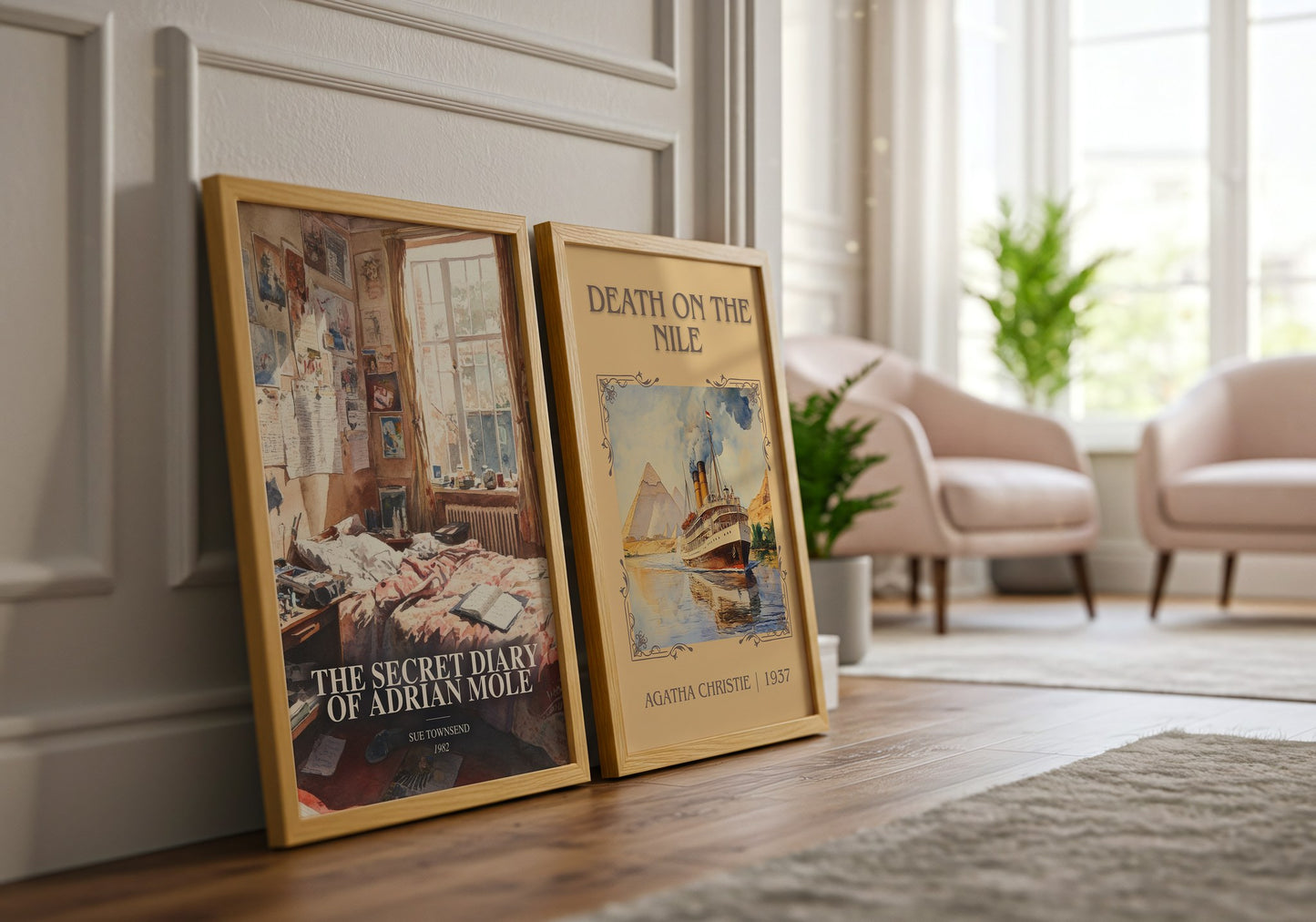 The Secret Diary Of Adrian Mole watercolour print framed by window – literary home decor