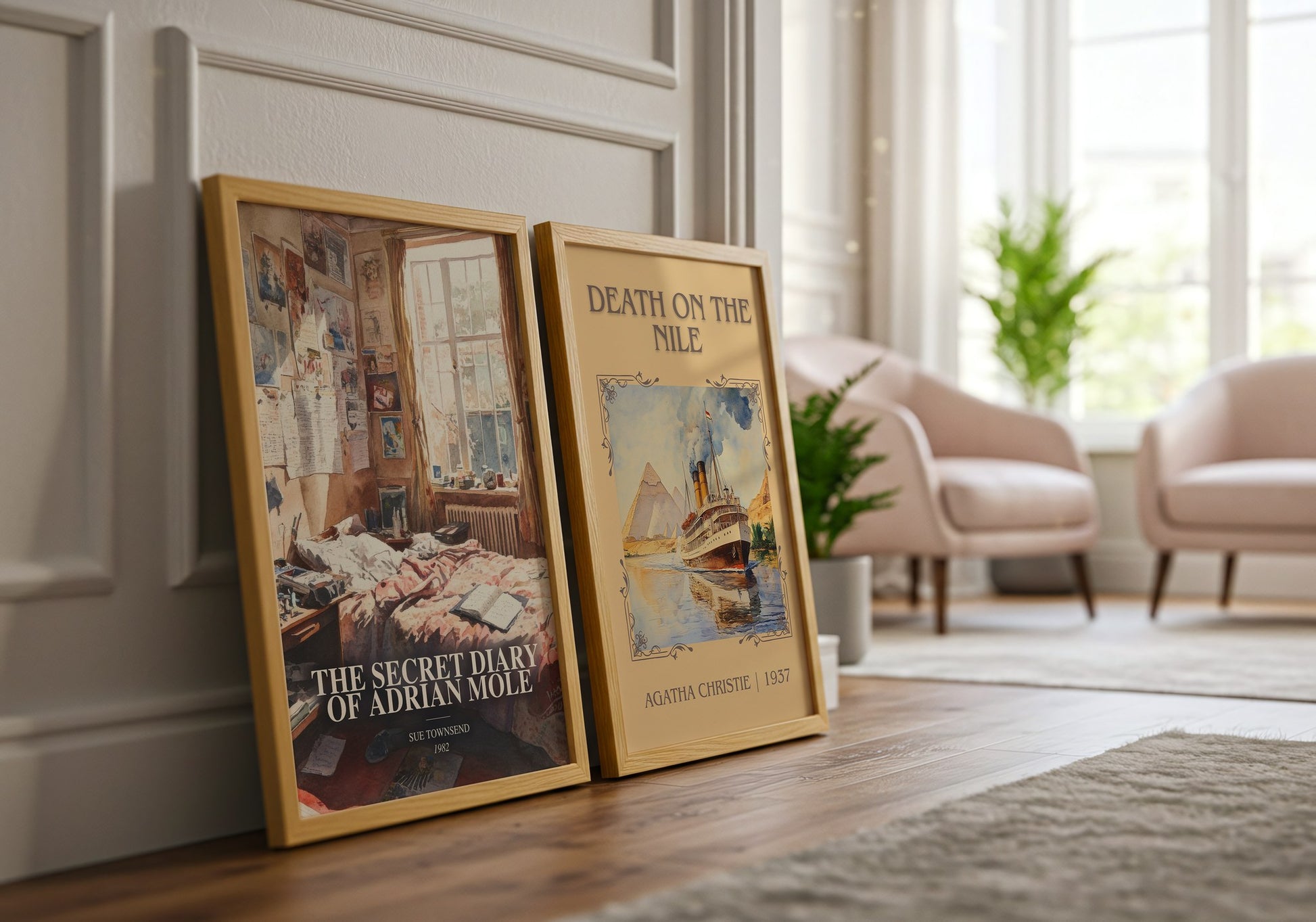 The Secret Diary Of Adrian Mole watercolour print framed by window – literary home decor