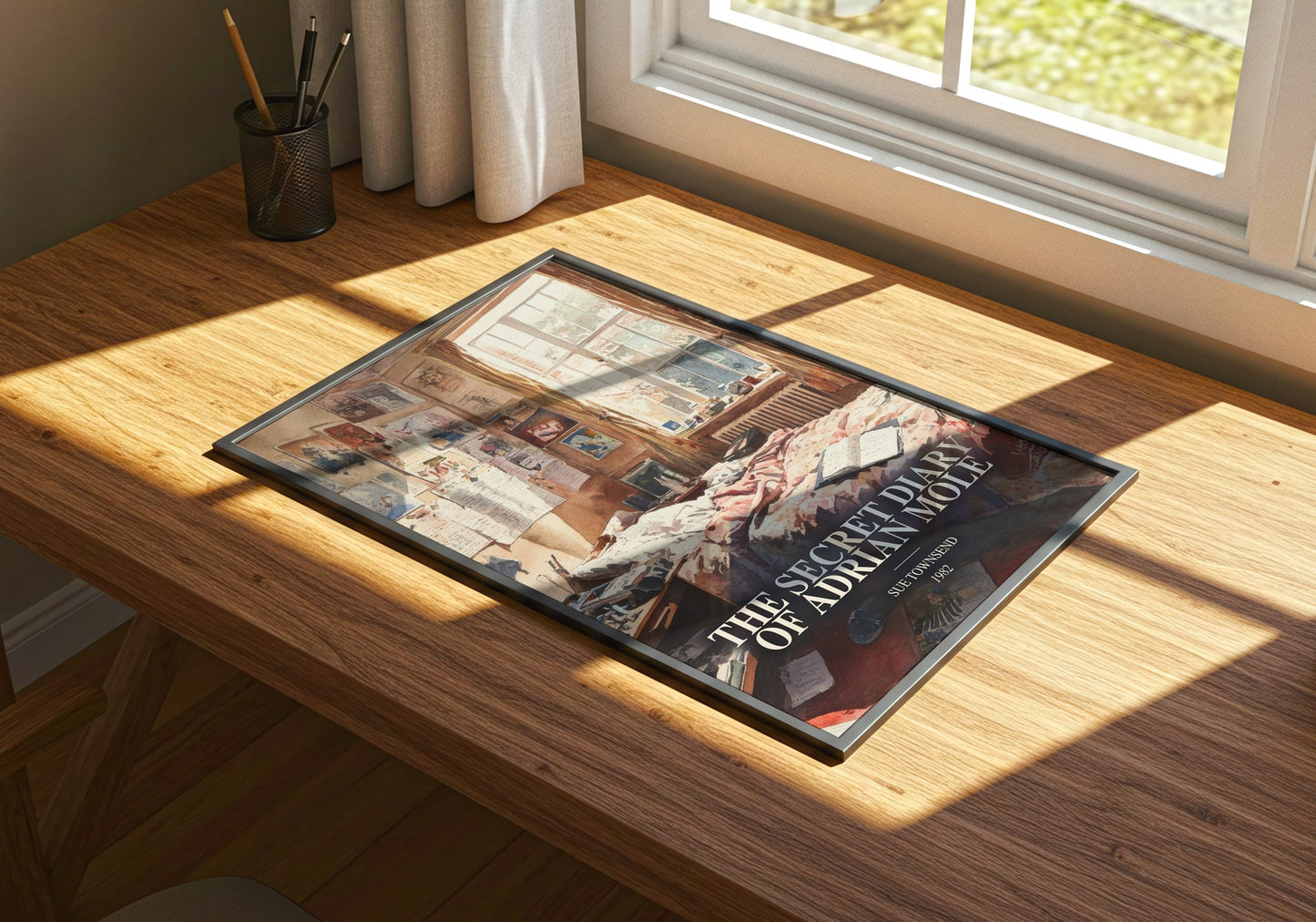 The Secret Diary Of Adrian Mole watercolour book poster framed on wall – young adult wall art
