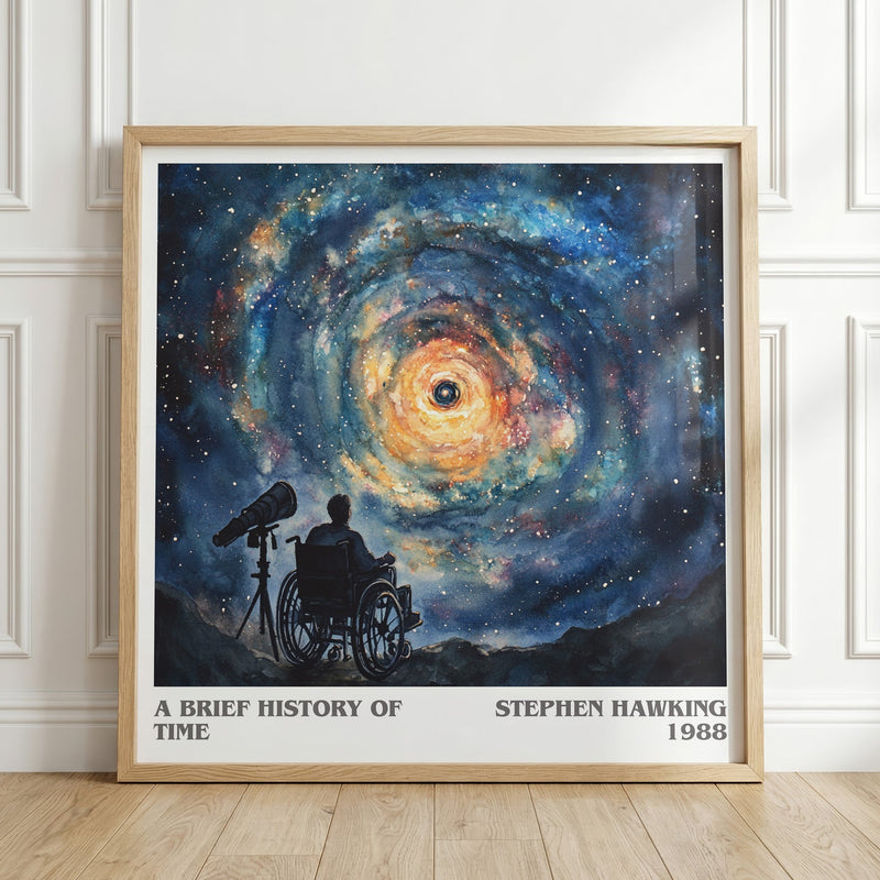 A Brief History of Time literary print in frame leaning in hallway – non fiction wall art
