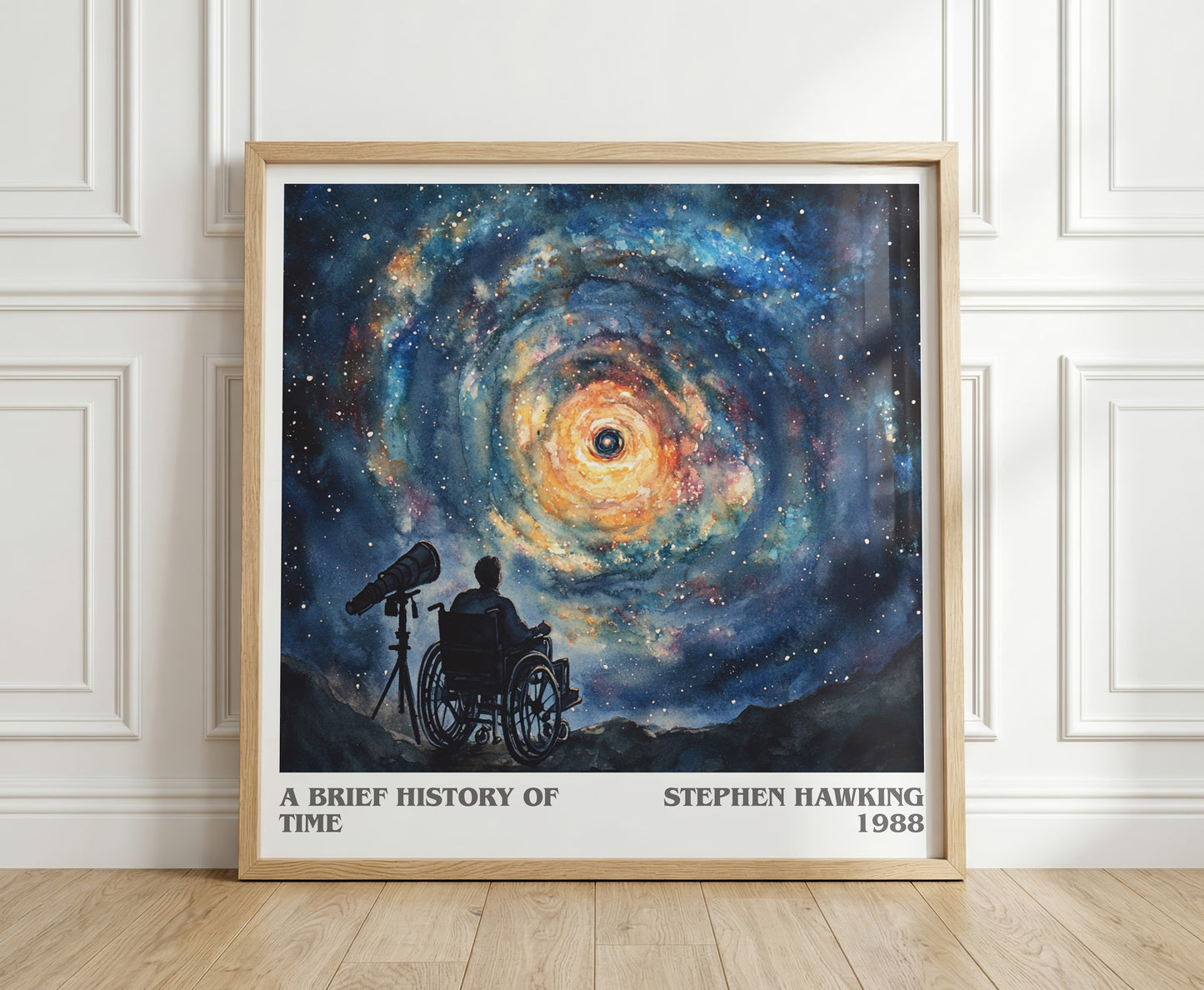 A Brief History of Time literary print in frame leaning in hallway – non fiction wall art