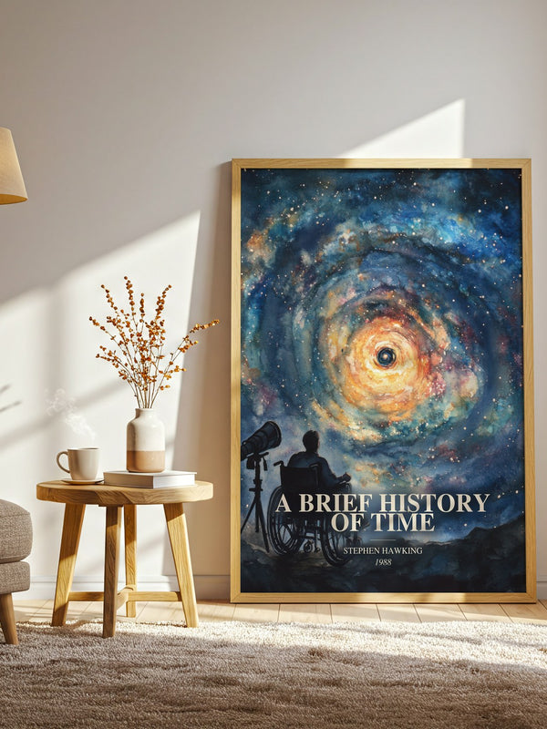A Brief History Of Time watercolour print in frame leaning in hallway – non fiction wall art