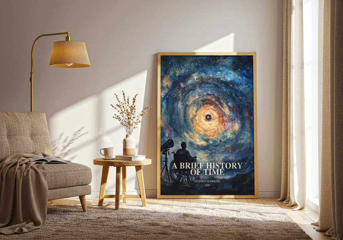A Brief History Of Time watercolour print in frame leaning in hallway – non fiction wall art (mockup)