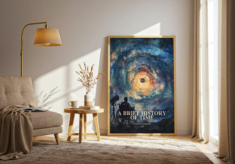 A Brief History Of Time watercolour print in frame leaning in hallway – non fiction wall art
