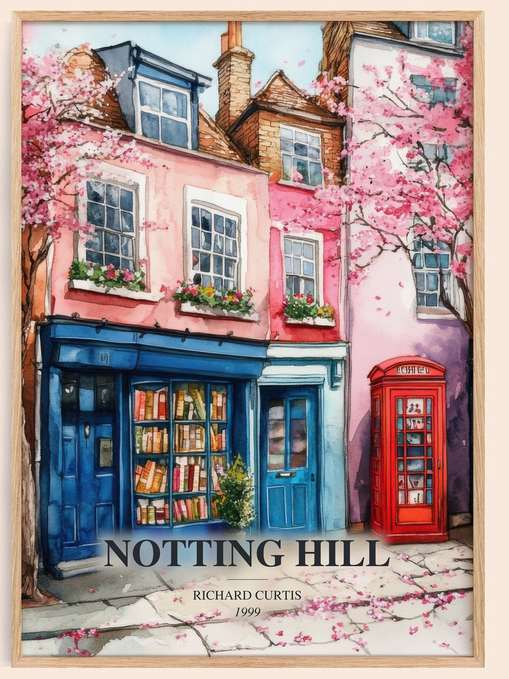 Notting Hill watercolour book poster by Richard Curtis – framed literary art print