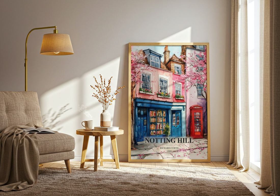 Notting Hill watercolour print in frame leaning in hallway – romance wall art (mockup)