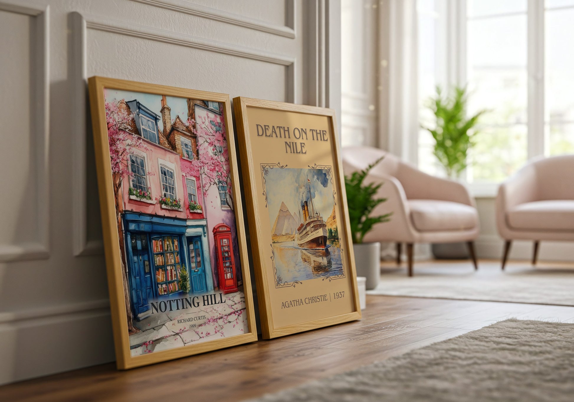 Notting Hill watercolour print framed by window – literary home decor