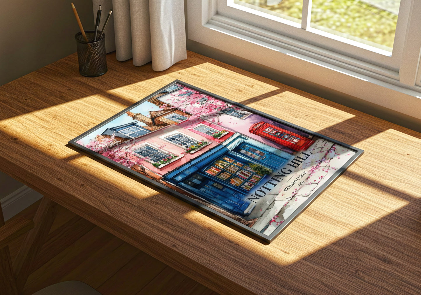 Notting Hill watercolour book poster framed on wall – romance wall art