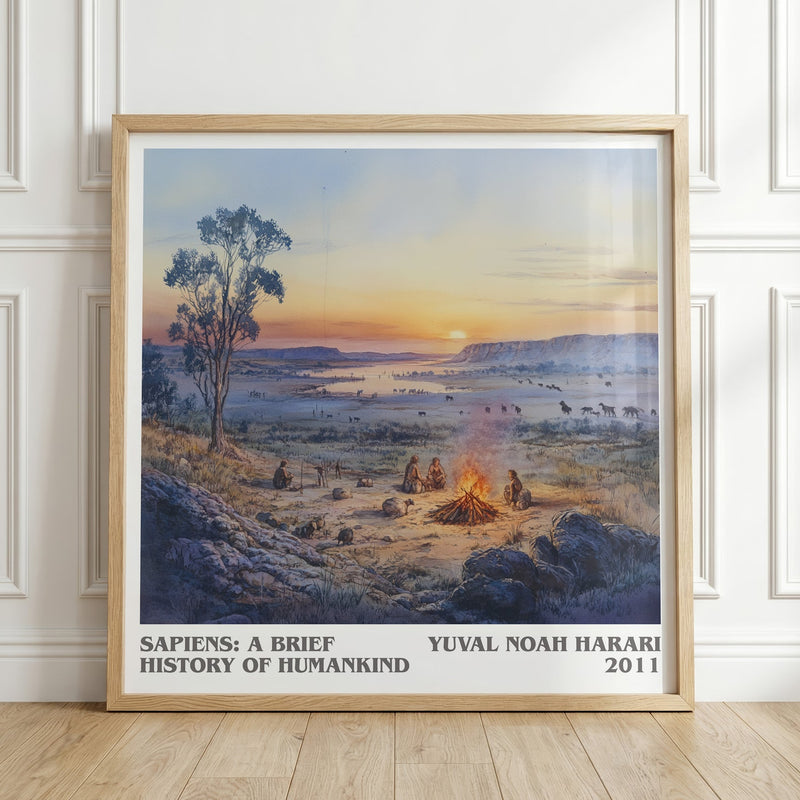 Sapiens: A Brief History of Humankind literary print in frame leaning in hallway – non fiction wall art