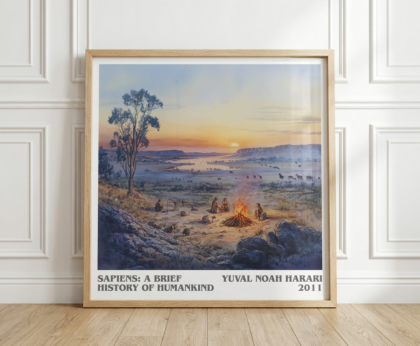 Sapiens: A Brief History of Humankind literary print in frame leaning in hallway – non fiction wall art