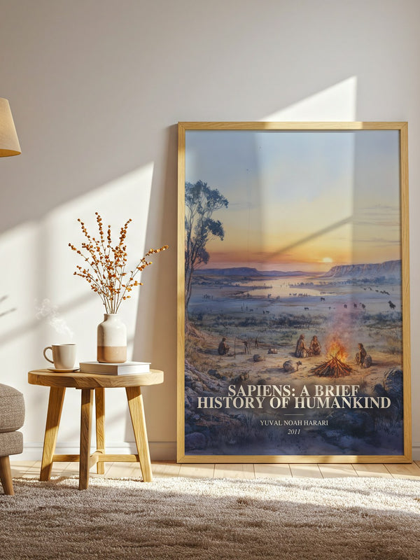 Sapiens: A Brief History Of Humankind watercolour print in frame leaning in hallway – non fiction wall art