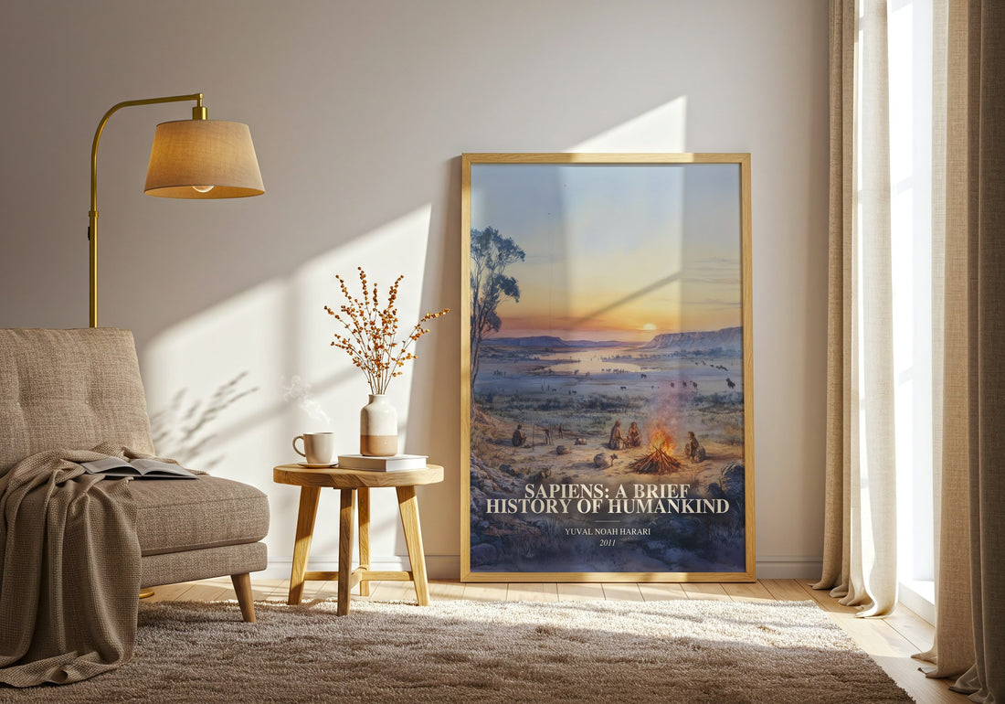 Sapiens: A Brief History Of Humankind watercolour print in frame leaning in hallway – non fiction wall art (mockup)
