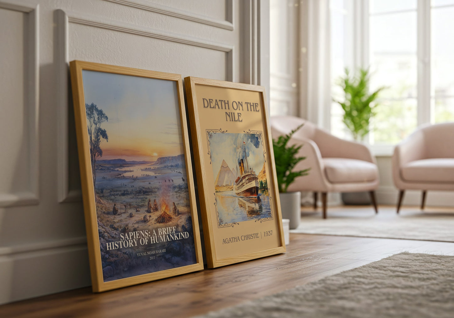 Sapiens: A Brief History Of Humankind watercolour print framed by window – literary home decor