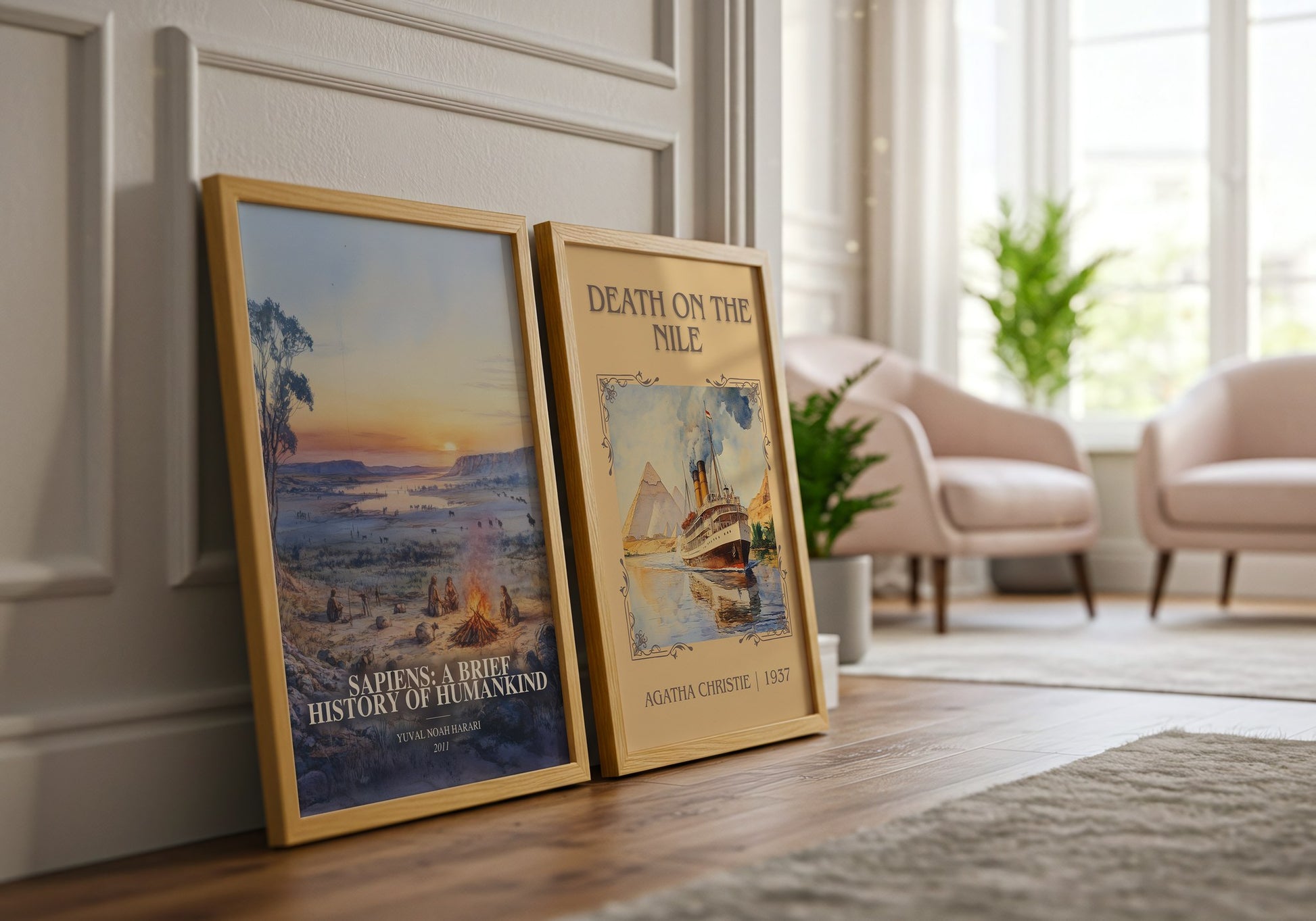 Sapiens: A Brief History Of Humankind watercolour print framed by window – literary home decor