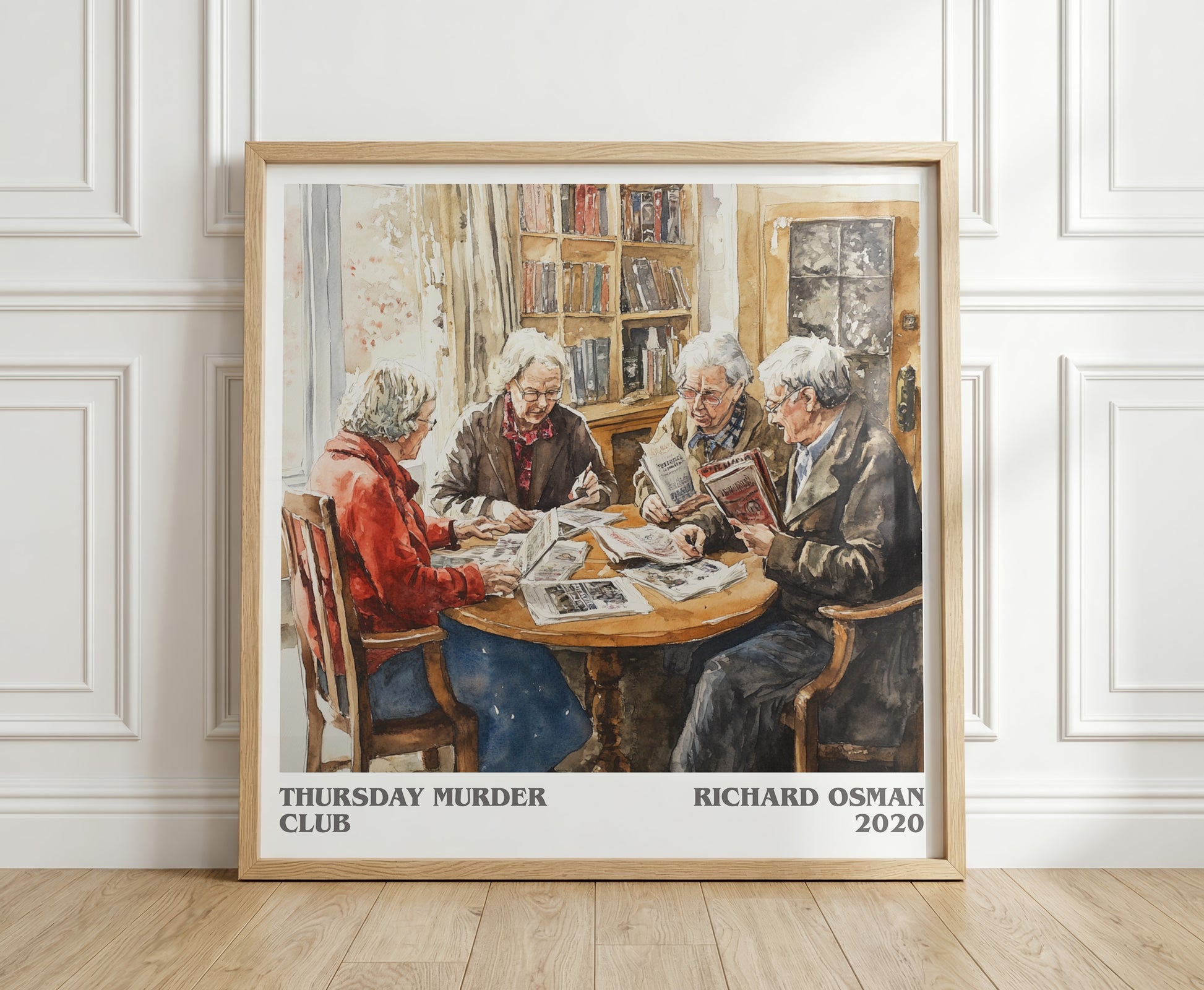 Thursday Murder Club literary print in frame leaning in hallway – crime wall art