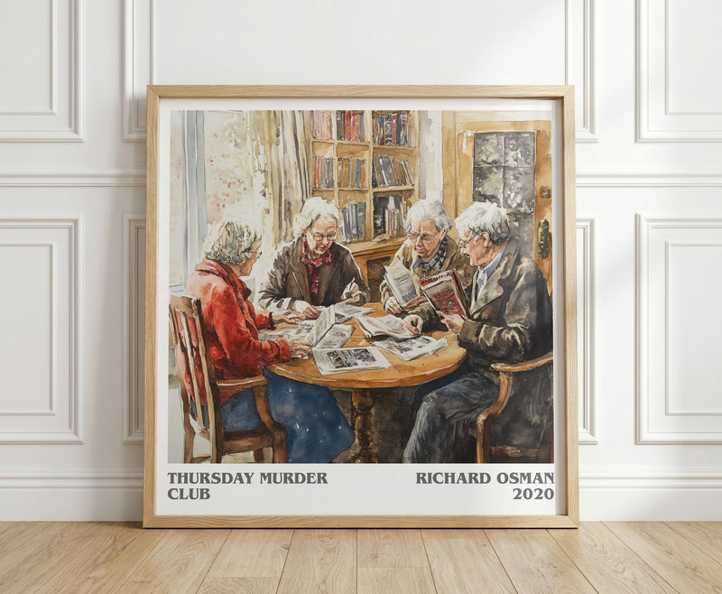 Thursday Murder Club literary print in frame leaning in hallway – crime wall art