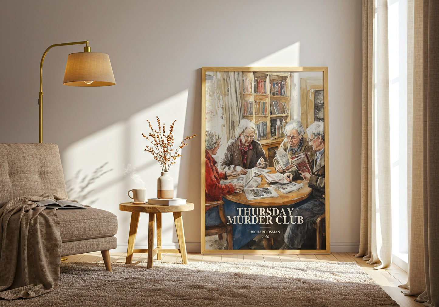 Thursday Murder Club watercolour print in frame leaning in hallway – mystery wall art