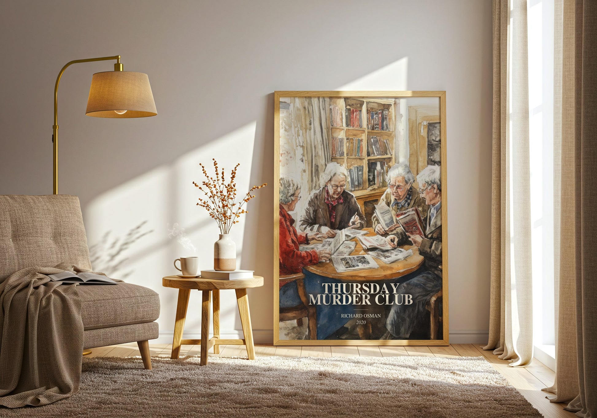 Thursday Murder Club watercolour print in frame leaning in hallway – mystery wall art