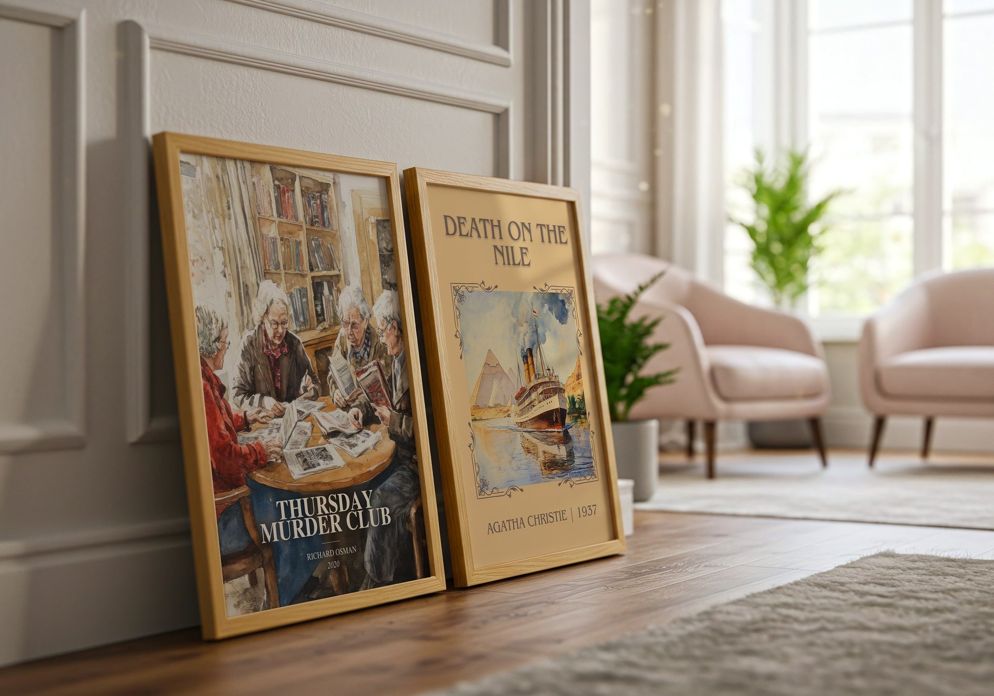 Thursday Murder Club watercolour print framed by window – literary home decor