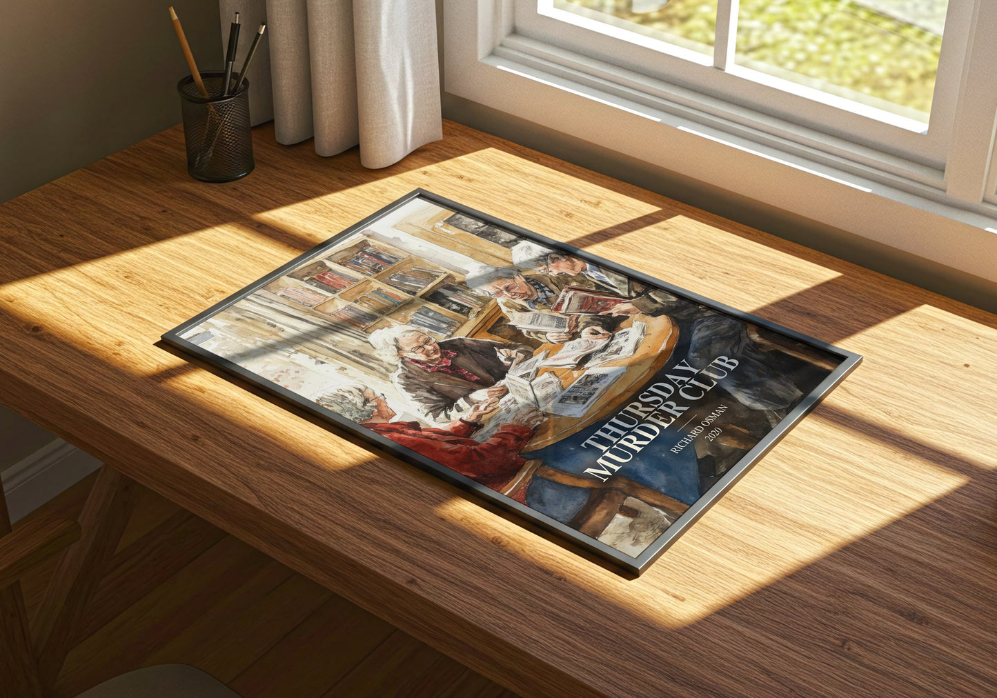 Thursday Murder Club watercolour book poster framed on wall – mystery wall art