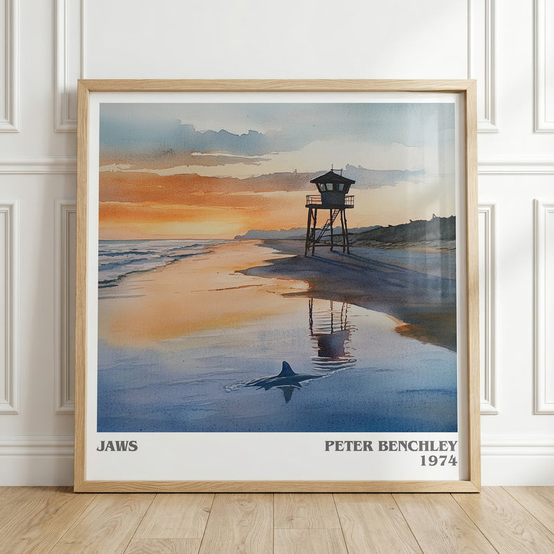 Jaws literary print in frame leaning in hallway – thriller wall art