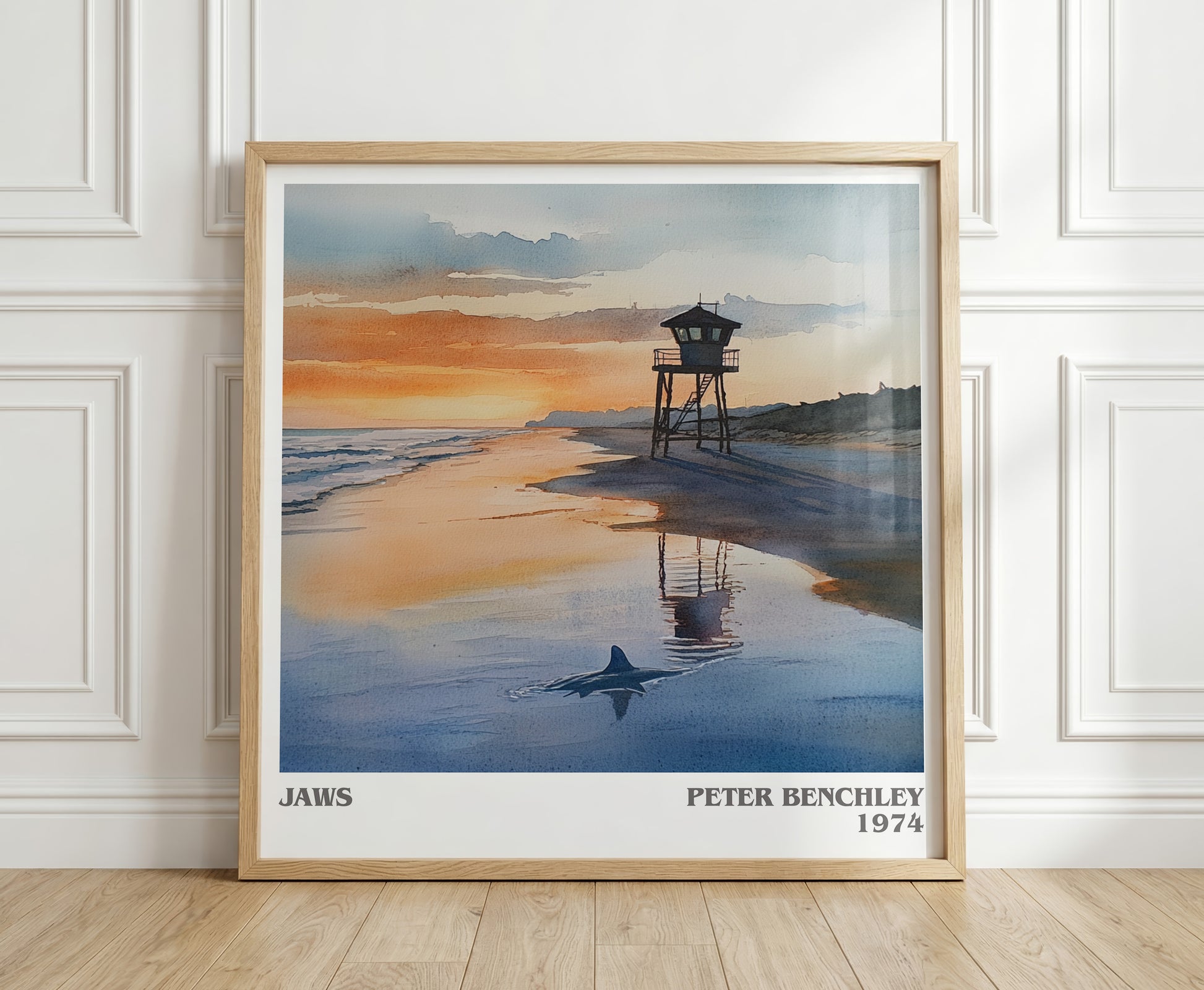 Jaws literary print in frame leaning in hallway – thriller wall art