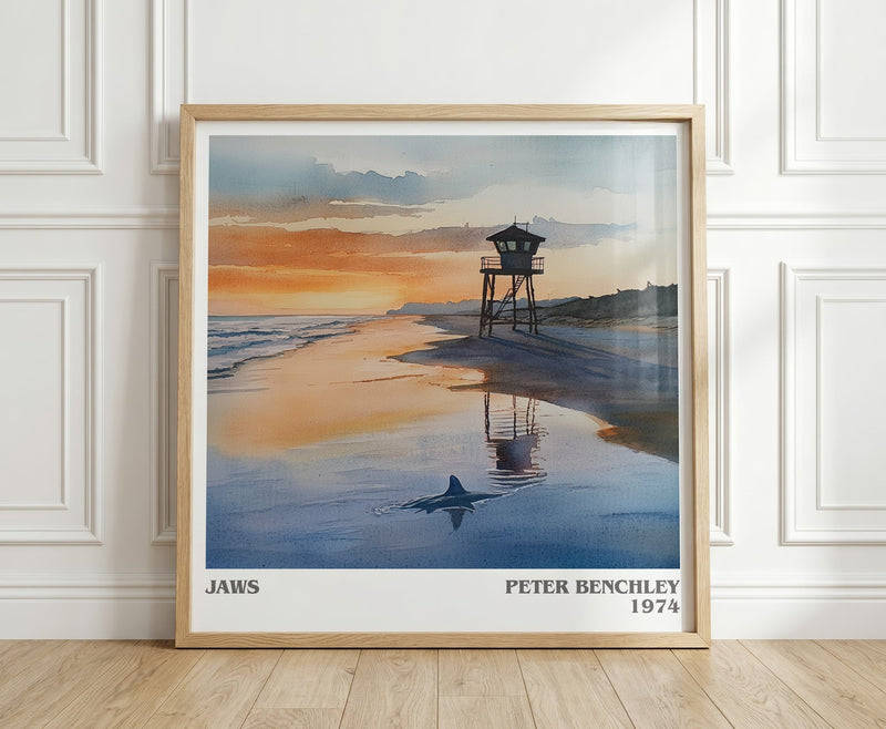 Jaws literary print in frame leaning in hallway – thriller wall art