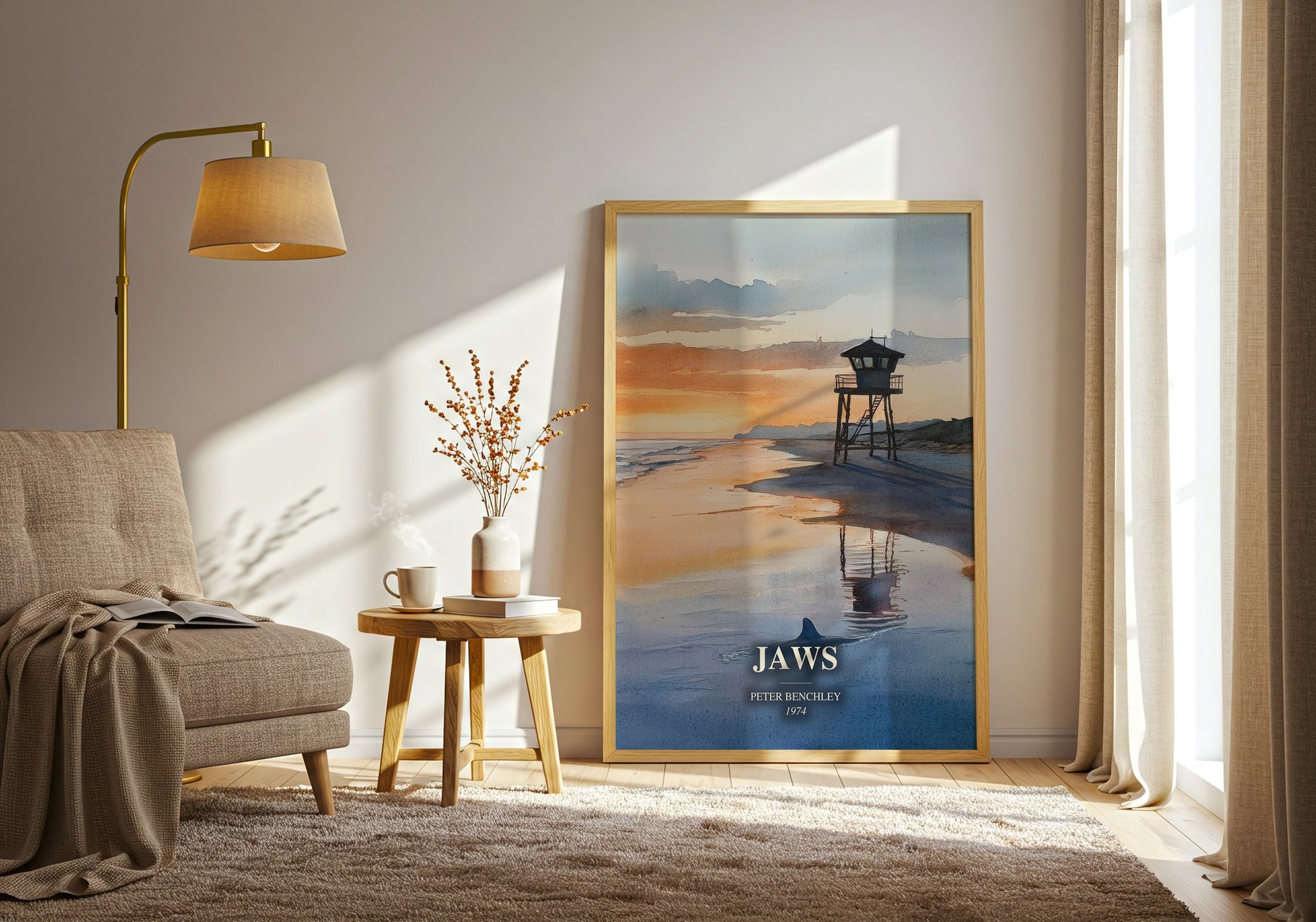 Jaws watercolour print in frame leaning in hallway – thriller wall art