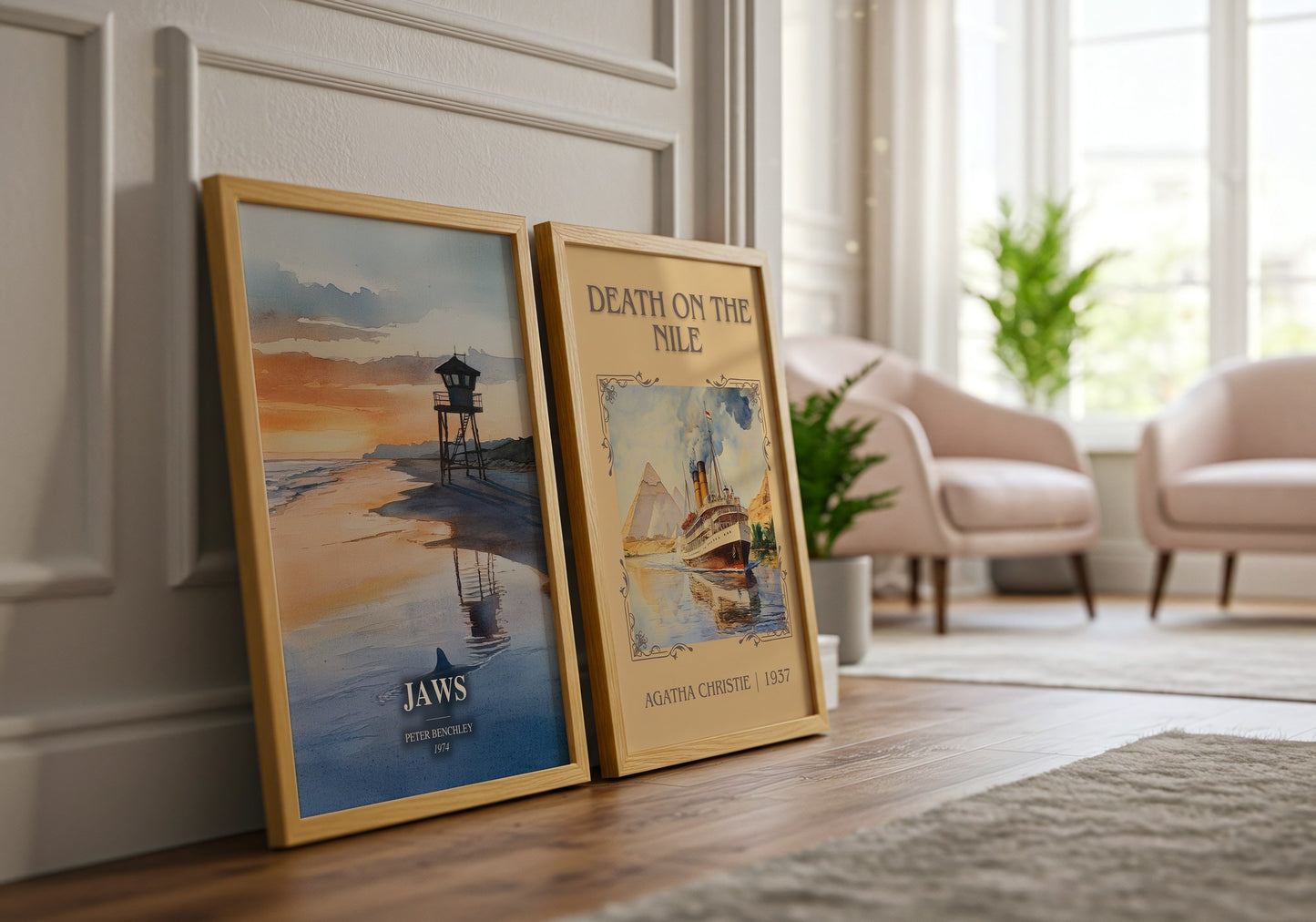 Jaws watercolour print framed by window – literary home decor