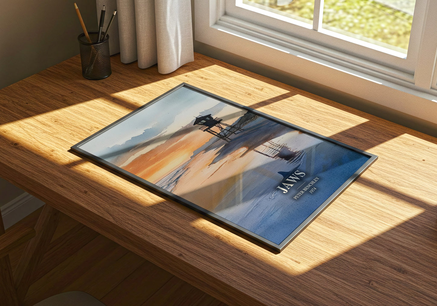 Jaws watercolour book poster framed on wall – thriller wall art