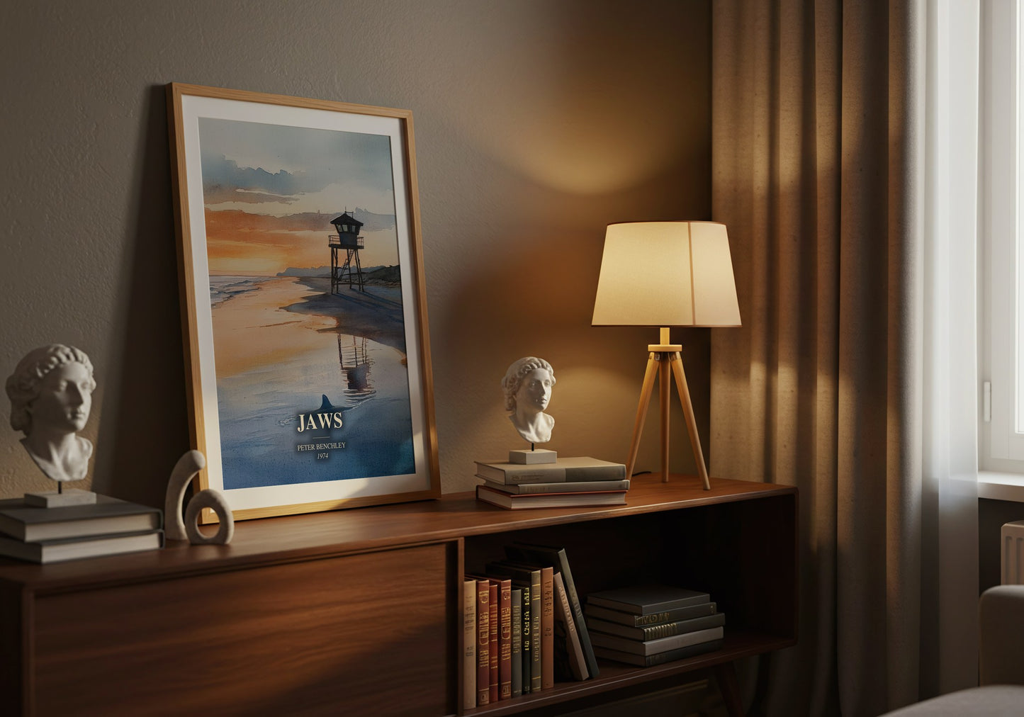 Jaws watercolour print on bookshelf – Peter Benchley fan gift