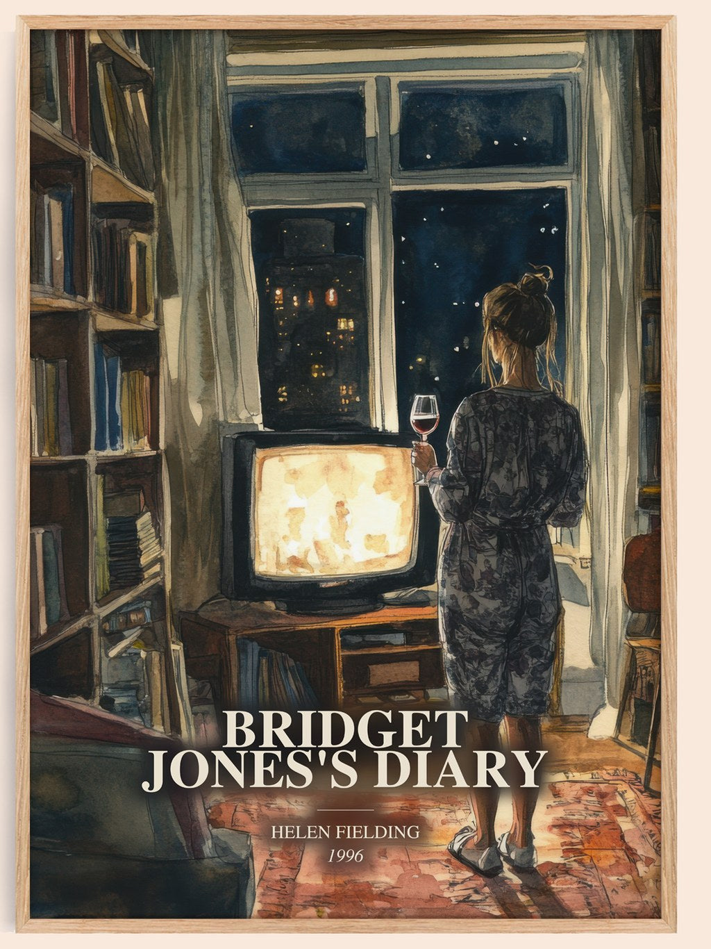 Bridget Jones'S Diary watercolour book poster by Helen Fielding – framed literary art print