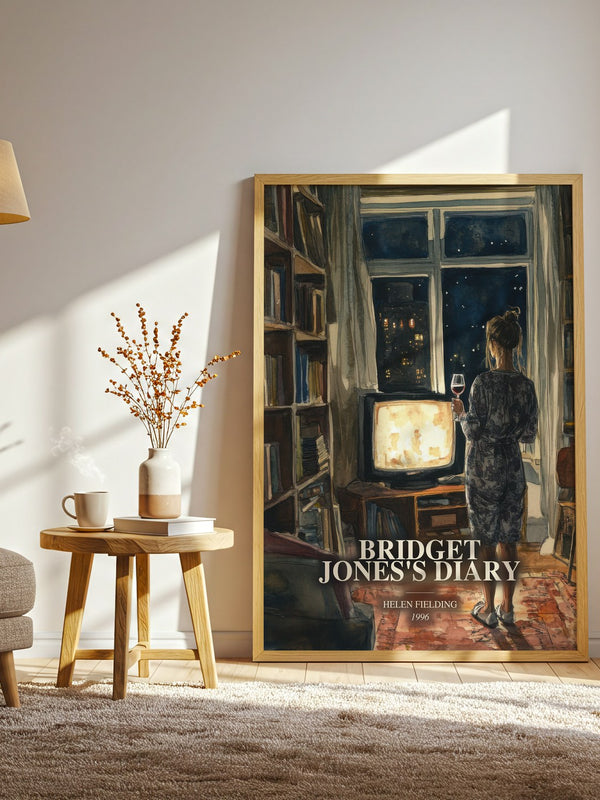 Bridget Jones'S Diary watercolour print in frame leaning in hallway – contemporary fiction wall art