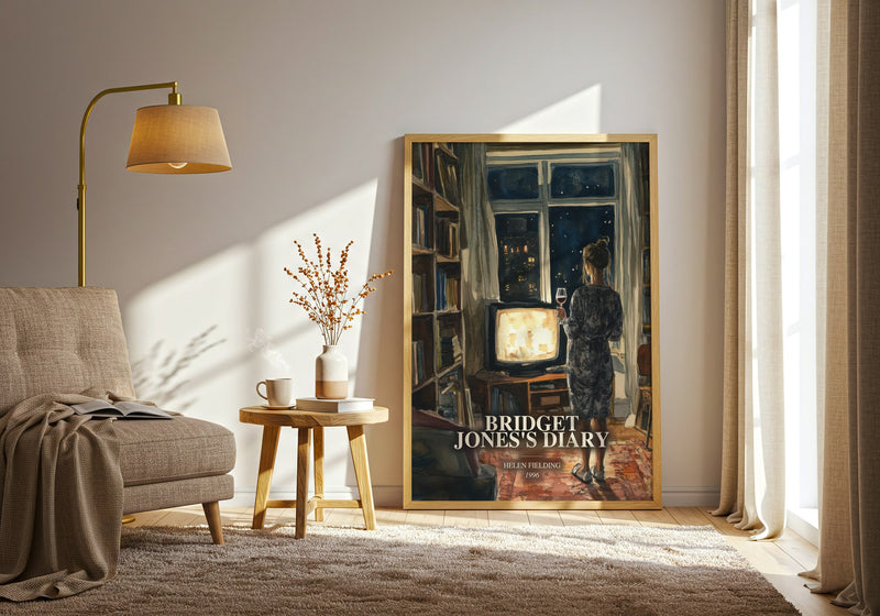 Bridget Jones'S Diary watercolour print in frame leaning in hallway – contemporary fiction wall art