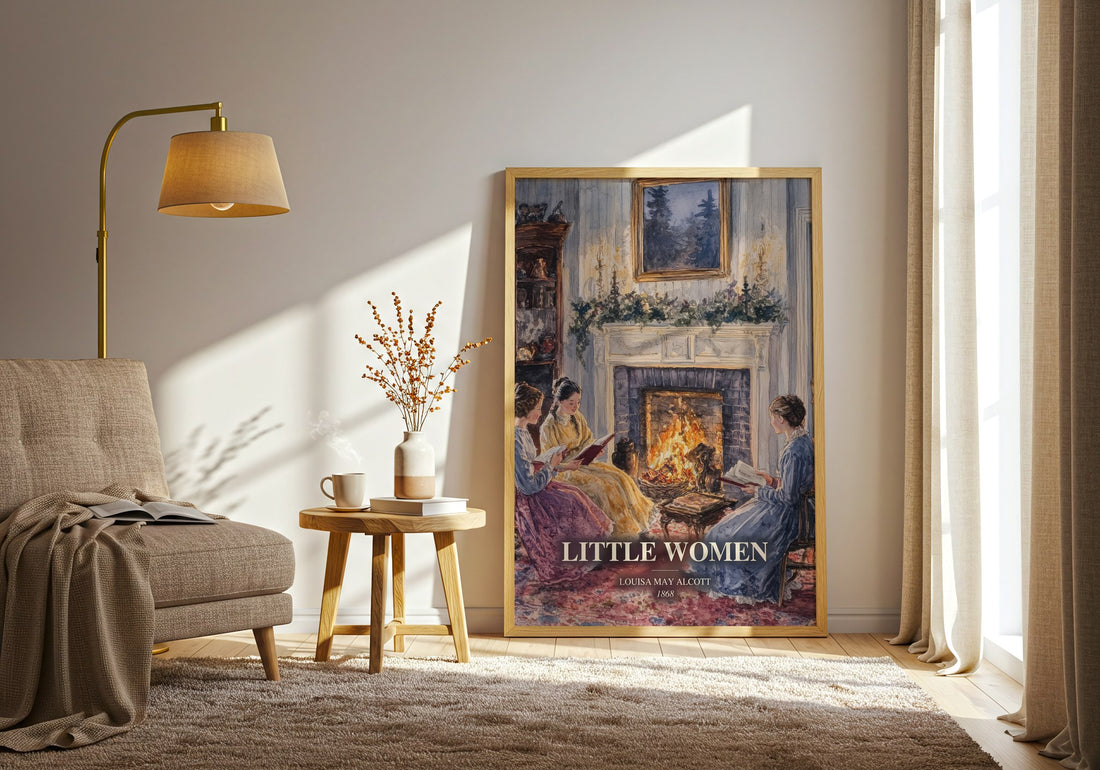 Little Women watercolour print in frame leaning in hallway – classic literature wall art (mockup)