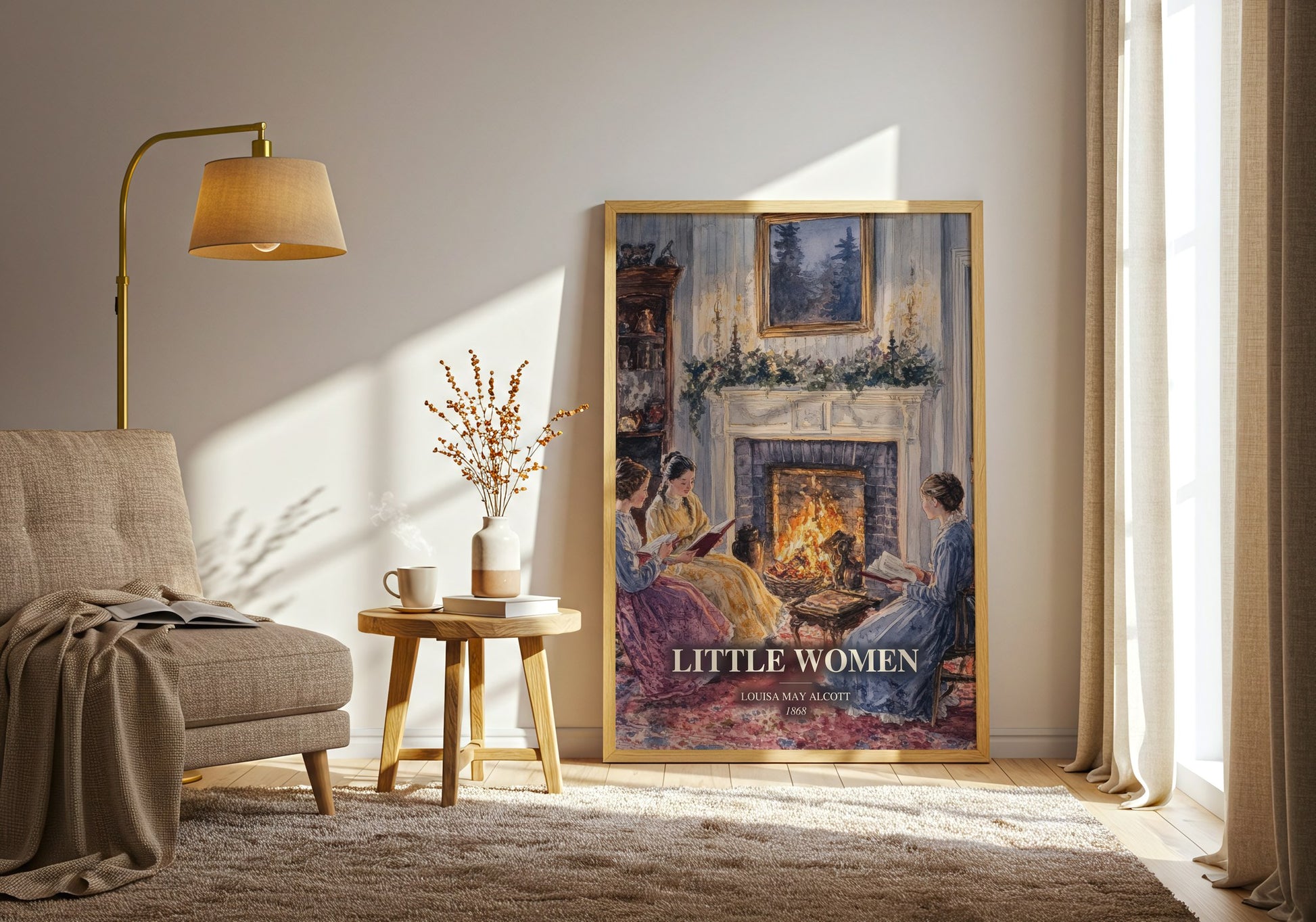 Little Women watercolour print in frame leaning in hallway – classic literature wall art