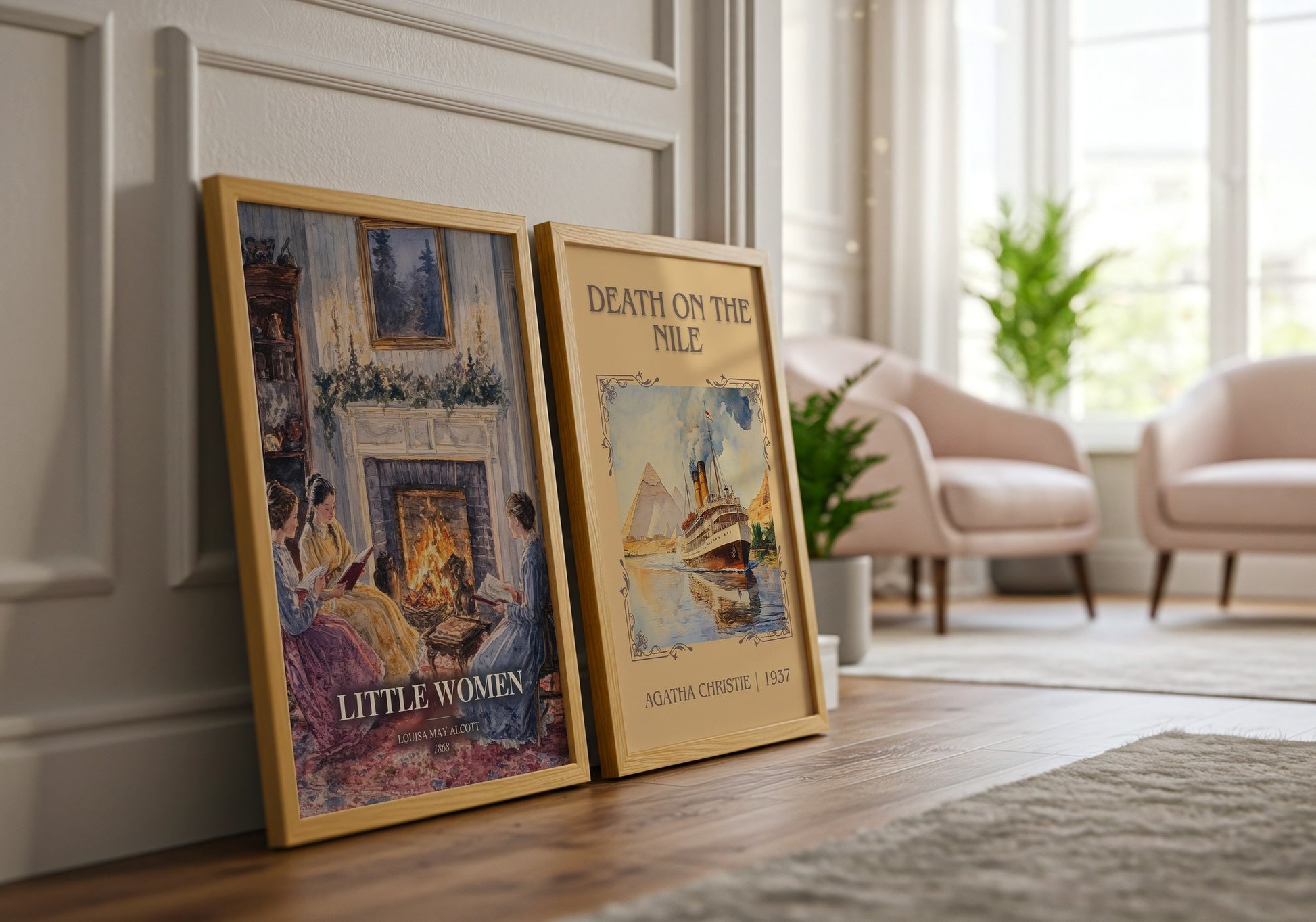 Little Women watercolour print framed by window – literary home decor