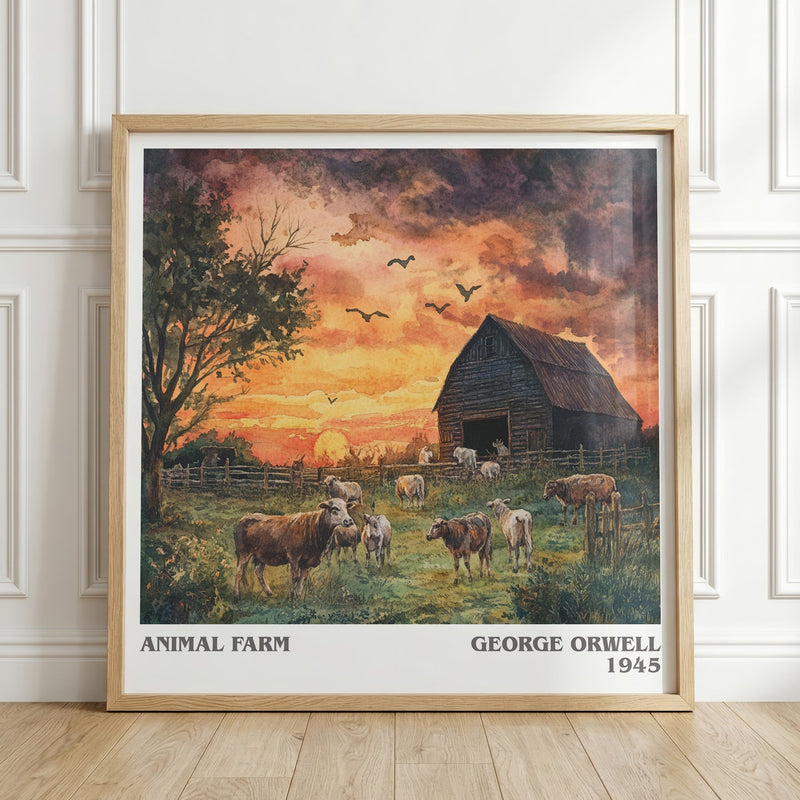 Animal Farm literary print in frame leaning in hallway – satire wall art