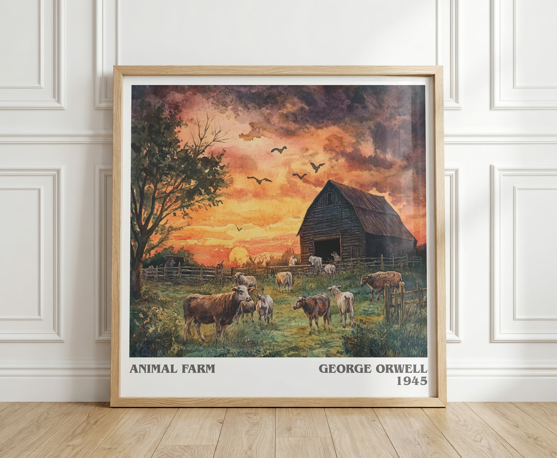 Animal Farm literary print in frame leaning in hallway – satire wall art