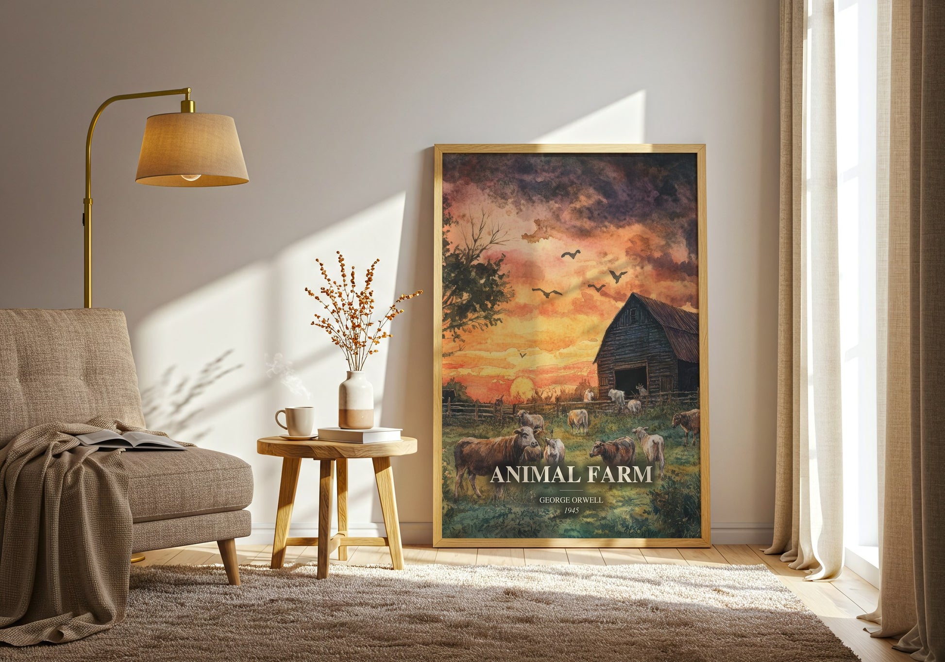 Animal Farm watercolour print in frame leaning in hallway – satire wall art