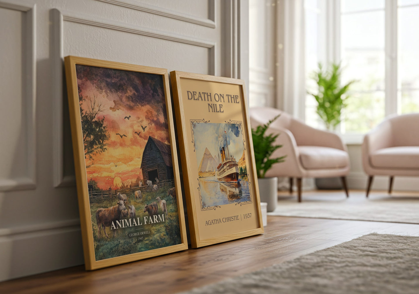 Animal Farm watercolour print framed by window – literary home decor