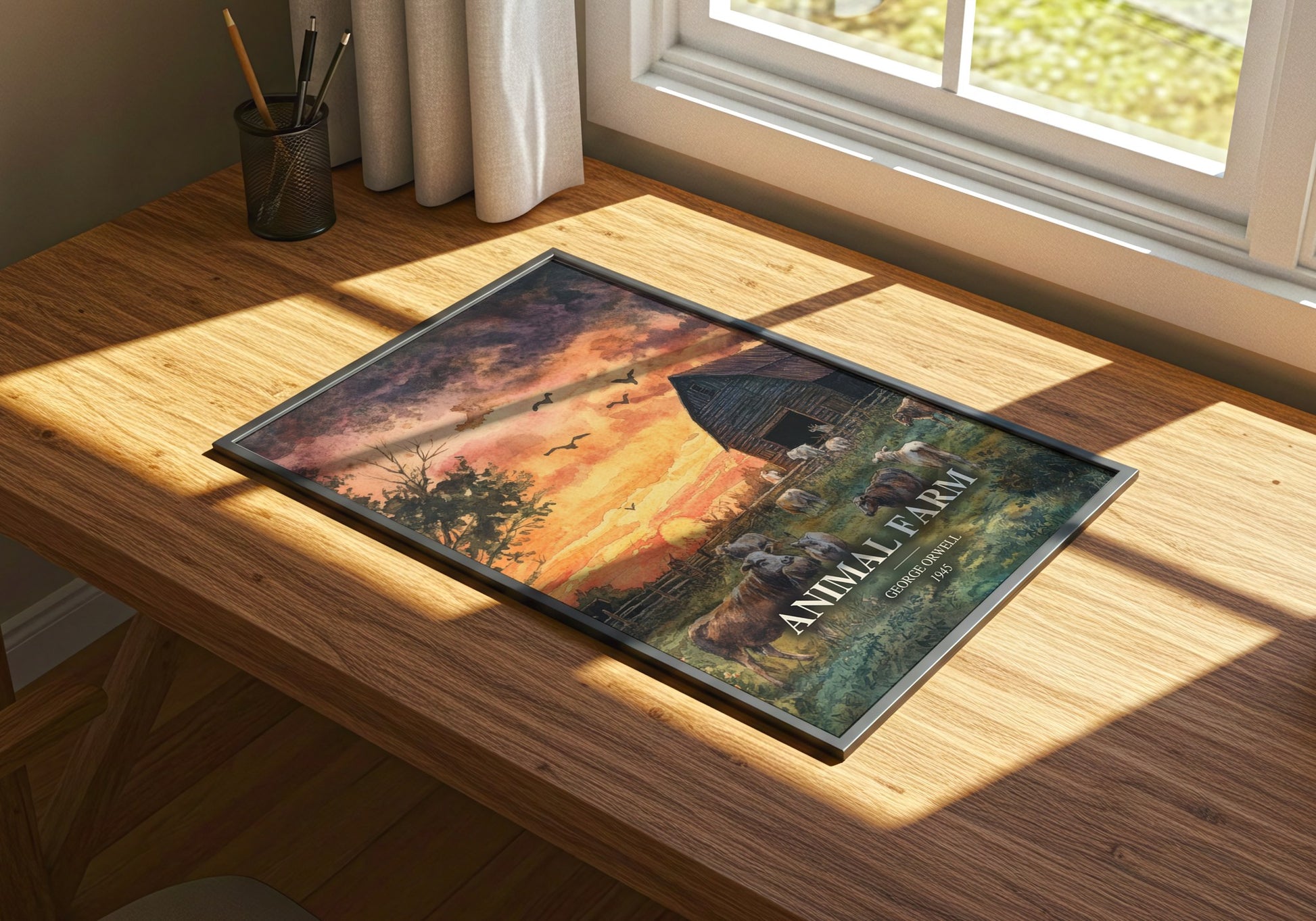 Animal Farm watercolour book poster framed on wall – satire wall art