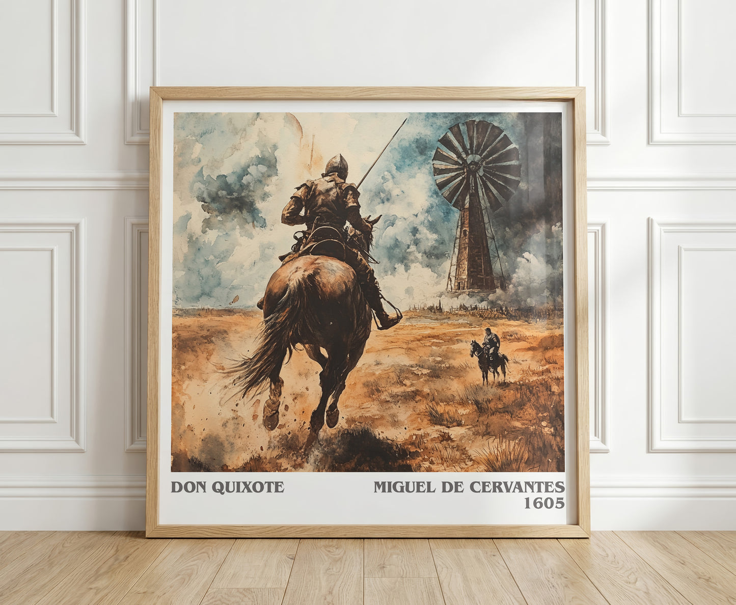 Don Quixote literary print in frame leaning in hallway – classic literature wall art